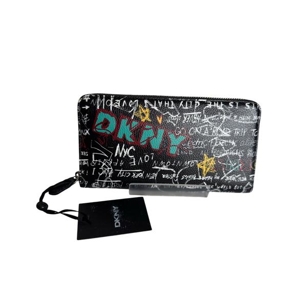 Brand New DKNY Black VELA Graffiti Lg. Zip Around Wallet Msrp$118 - Picture 1 of 5